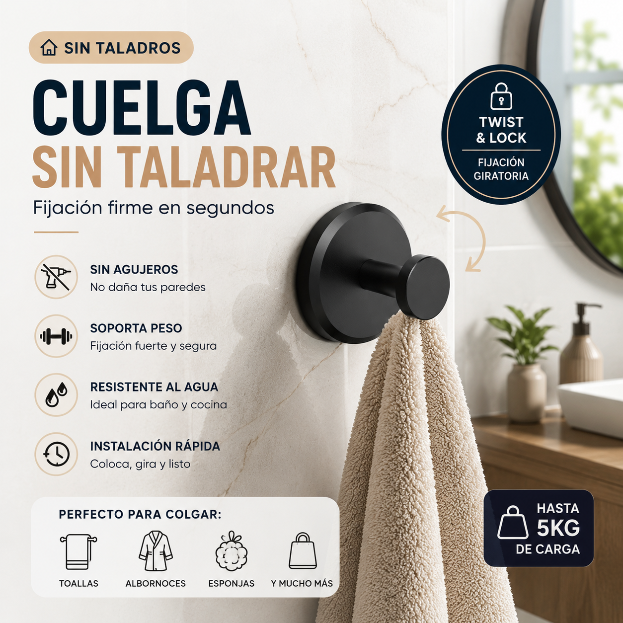 Gancho de Ventosa Para baño Sin Taladro